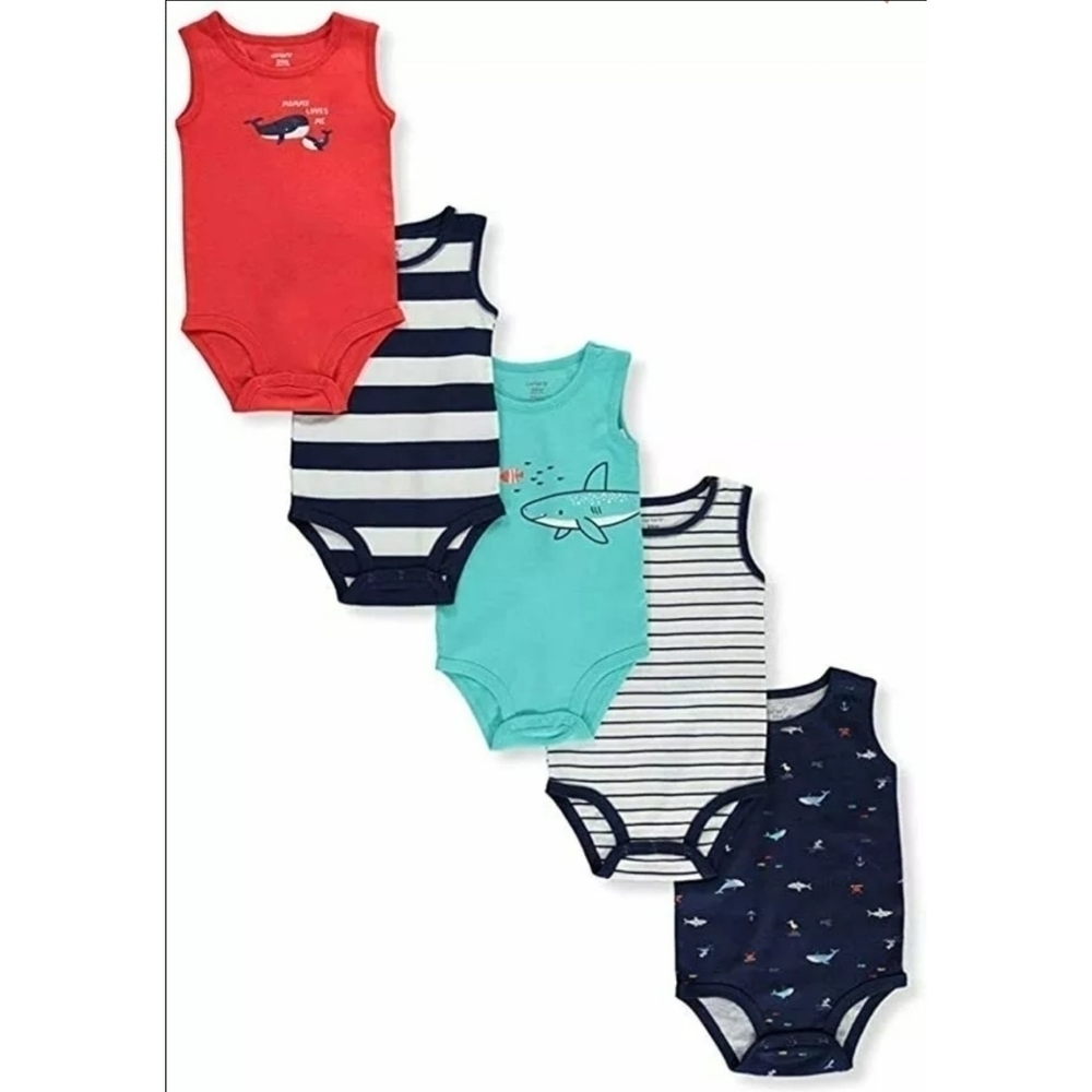 New Carter's NB Boys 5 Pack Bodysuits Tank Tops Nautical Stripes Whale S…